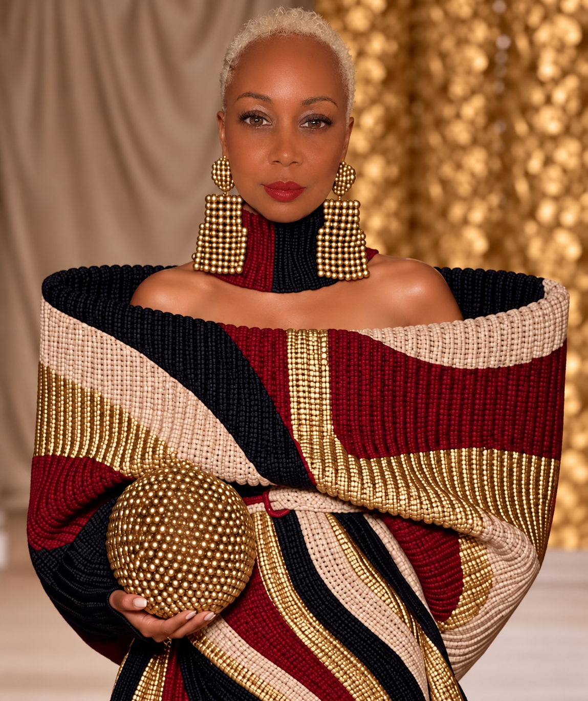Patricia Pollack holding a gold sphere in a burgundy, black and gold wrap